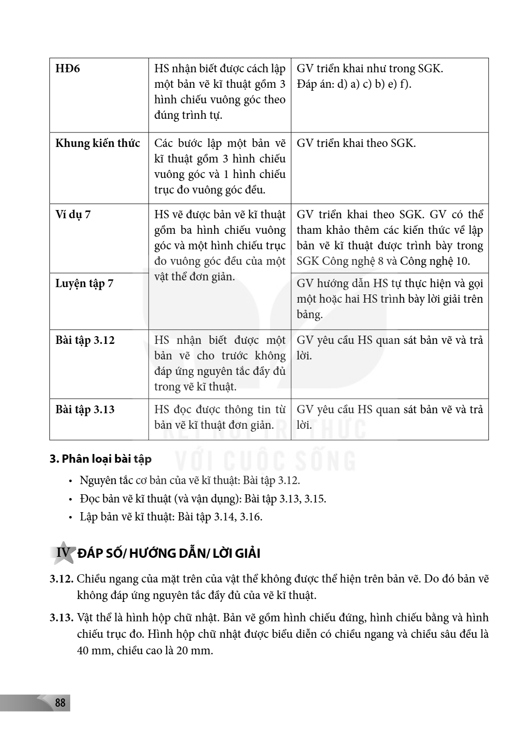 HĐ6, HS nhận biết được cách lập một bản vẽ kĩ thuật gồm 3 hình chiếu vuông góc theo đúng trình tự., GV triển khai như trong SGK. Đáp án: d) a) c) b) e) f). Khun