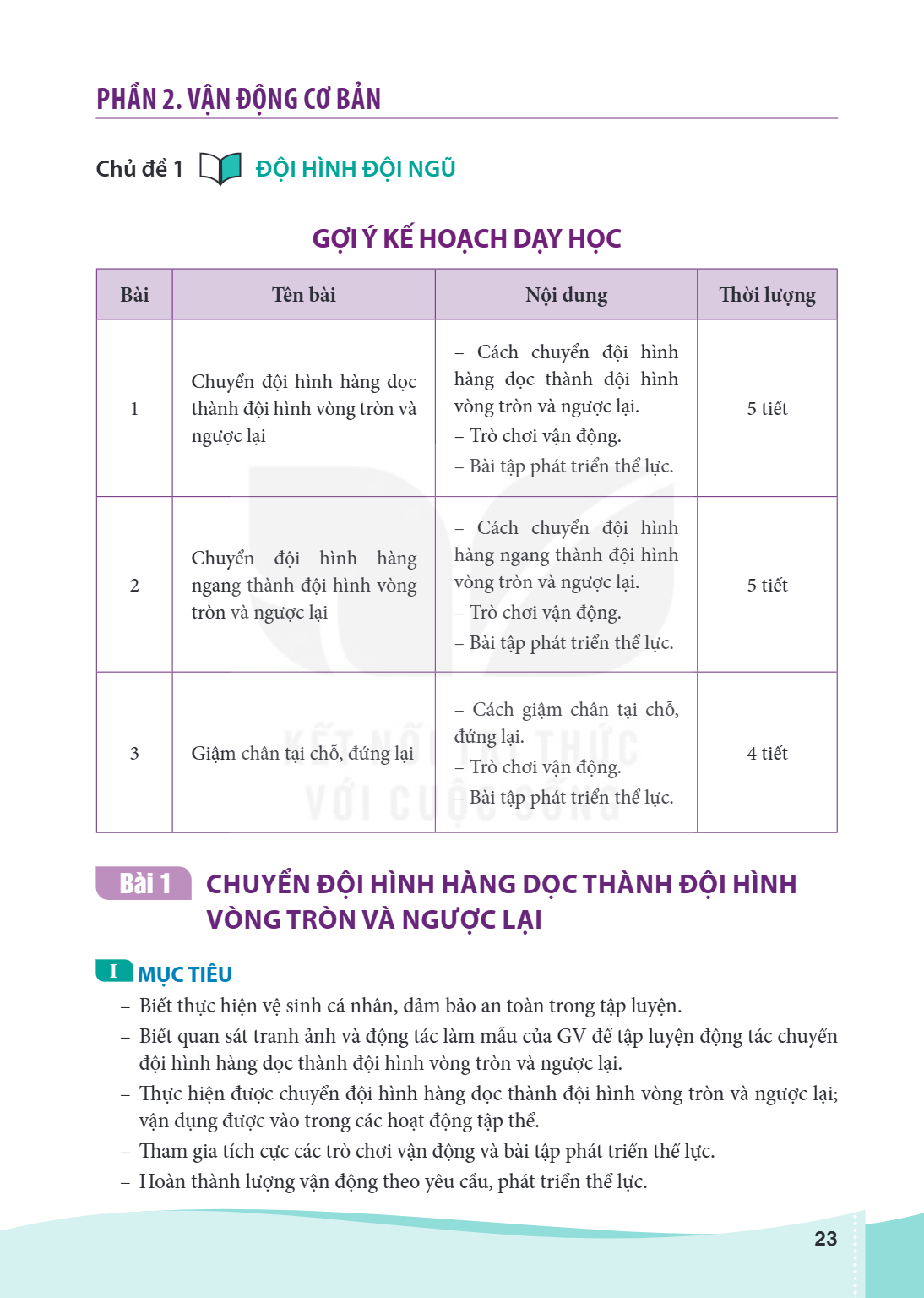 PHẦN 2. VẬN ĐỘNG CƠ BẢN Chủ đề 1 ĐỘI HÌNH ĐỘI NGŨ GỢI Ý KẾ HOẠCH DẠY HỌC Bài, Tên bài, Nội dung, Thời lượng 1, Chuyển đội hình hàng dọc thành đội hình vòng tròn
