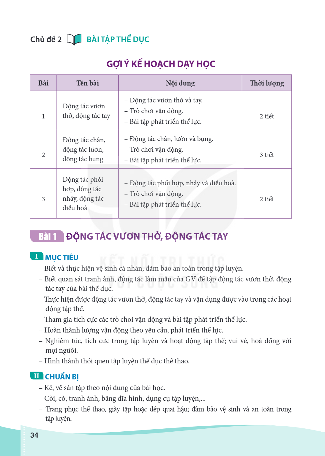 Chủ đề 2 BÀI TẬP THỂ DỤC GỢI Ý KẾ HOẠCH DẠY HỌC Bài, Tên bài, Nội dung, Thời lượng 1, Động tác vươn thở, động tác tay, – Động tác vươn thở và tay. – Trò chơi vậ