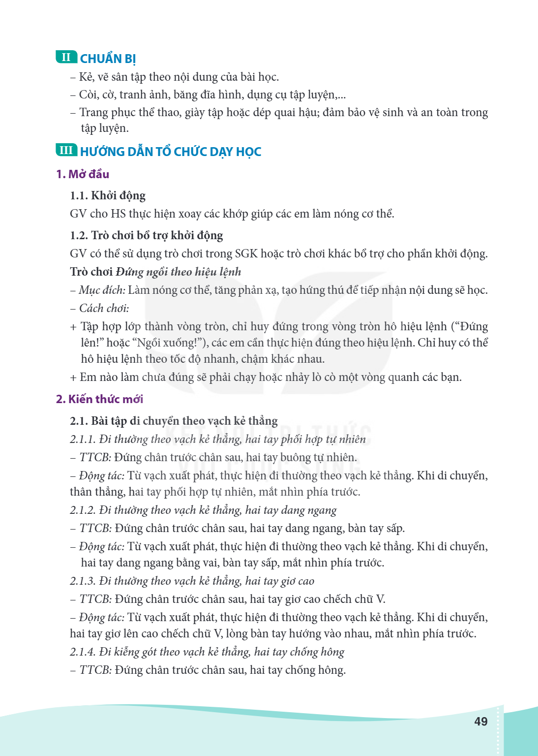 II CHUẨN BỊ Kẻ, vẽ sân tập theo nội dung của bài học. - Còi, cờ, tranh ảnh, băng đĩa hình, dụng cụ tập luyện,... - Trang phục thể thao, giày tập hoặc dép quai h