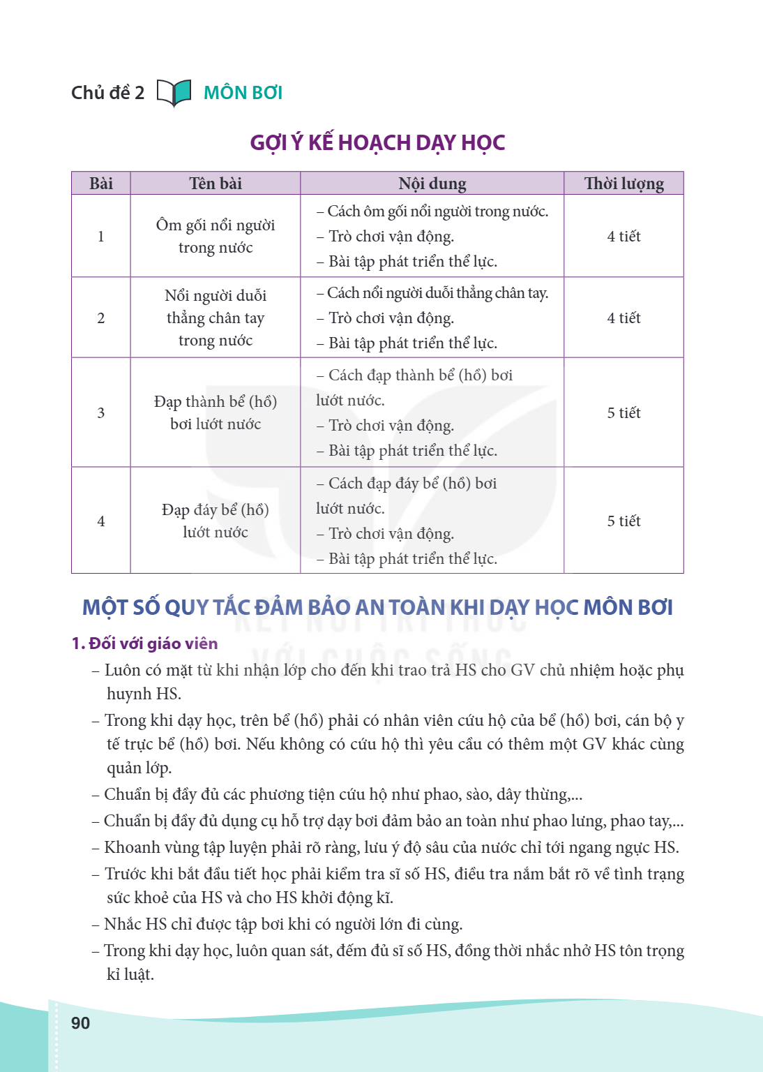 Chủ đề 2 MÔN BƠI GỢI Ý KẾ HOẠCH DẠY HỌC Bài, Tên bài, Nội dung, Thời lượng 1, Ôm gối nổi người trong nước, – Cách ôm gối nổi người trong nước. – Trò chơi vận độ