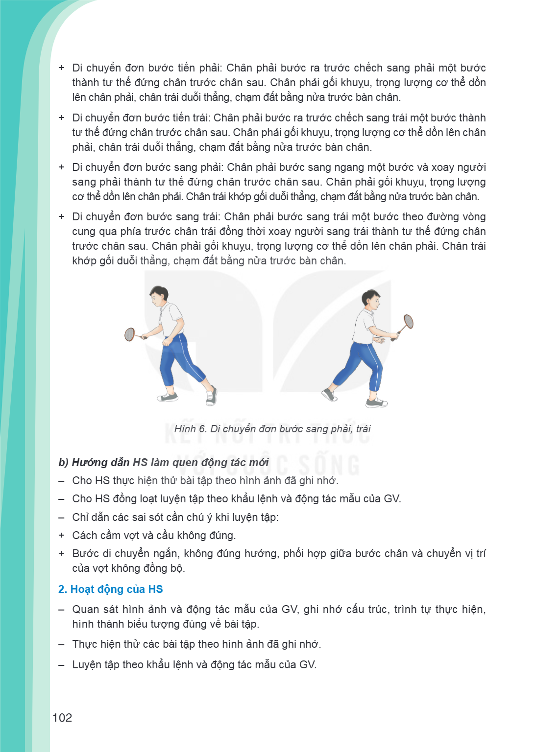 Di chuyển đơn bước tiến phải: Chân phải bước ra trước chếch sang phải một bước thành tư thế đứng chân trước chân sau. Chân phải gối khuỵu, trọng lượng cơ thể dồ