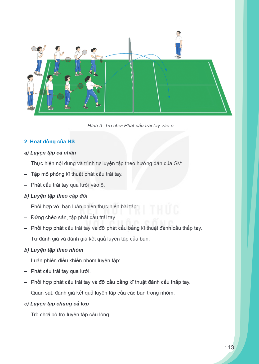 Hình 3. Trò chơi Phát cầu trái tay vào ô 2. Hoạt động của HS a) Luyện tập cá nhân Thực hiện nội dung và trình tự luyện tập theo hướng dẫn của GV: - Tập mô phỏng