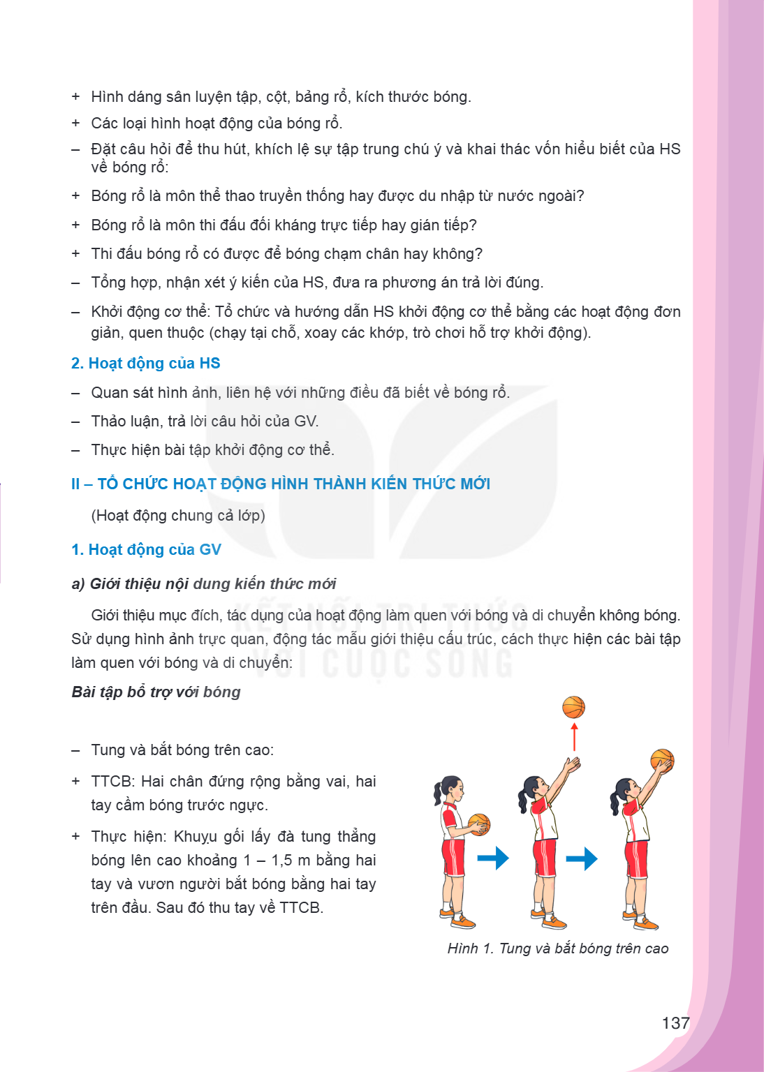 Hình dáng sân luyện tập, cột, bảng rổ, kích thước bóng. + Các loại hình hoạt động của bóng rổ. Đặt câu hỏi để thu hút, khích lệ sự tập trung chú ý và khai thác 