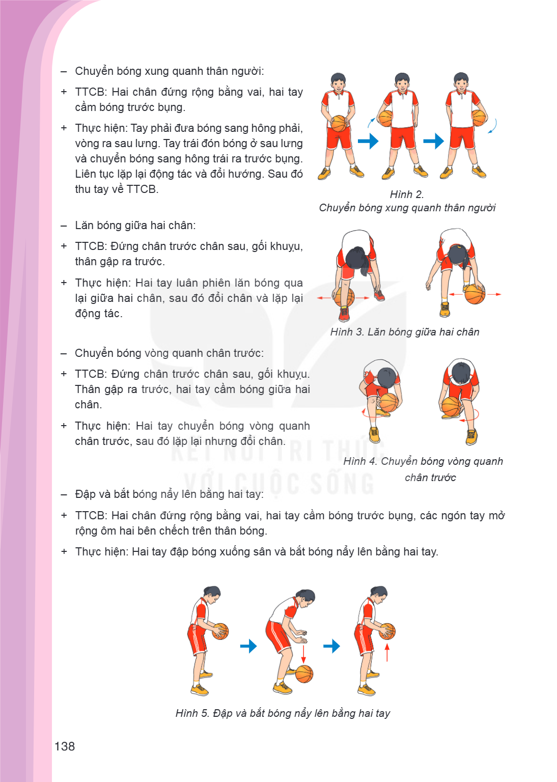 Chuyển bóng xung quanh thân người: TTCB: Hai chân đứng rộng bằng vai, hai tay cầm bóng trước bụng. + Thực hiện: Tay phải đưa bóng sang hông phải, vòng ra sau lư