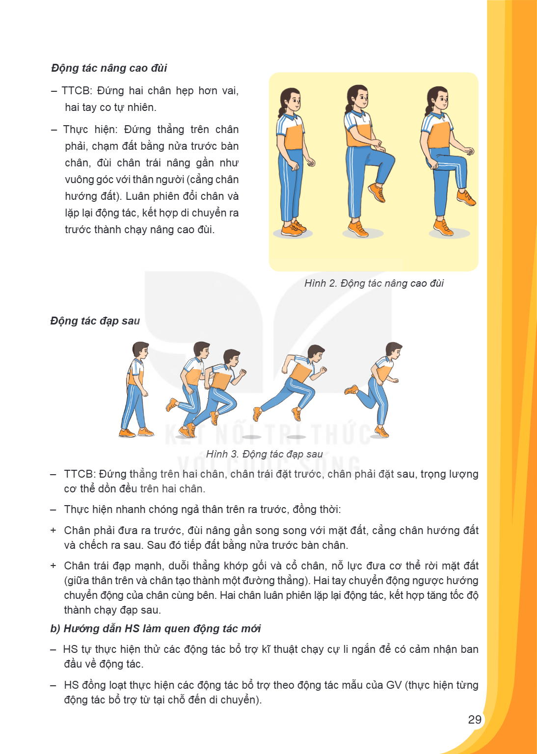 Động tác nâng cao đùi TTCB: Đứng hai chân hẹp hơn vai, hai tay co tự nhiên. - Thực hiện: Đứng thẳng trên chân phải, chạm đất bằng nửa trước bàn chân, đùi chân t