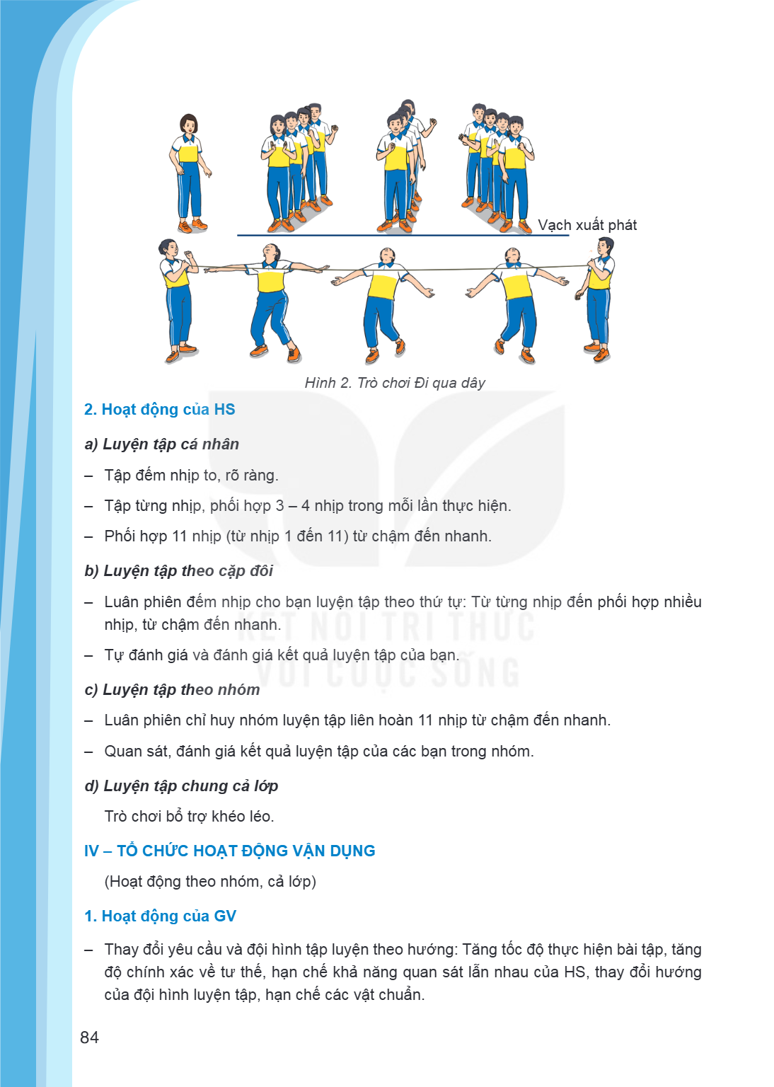 Vạch xuất phát Hình 2. Trò chơi Đi qua dây 2. Hoạt động của HS a) Luyện tập cá nhân Tập đếm nhịp to, rõ ràng. - Tập từng nhịp, phối hợp 3 - 4 nhịp trong mỗi lần