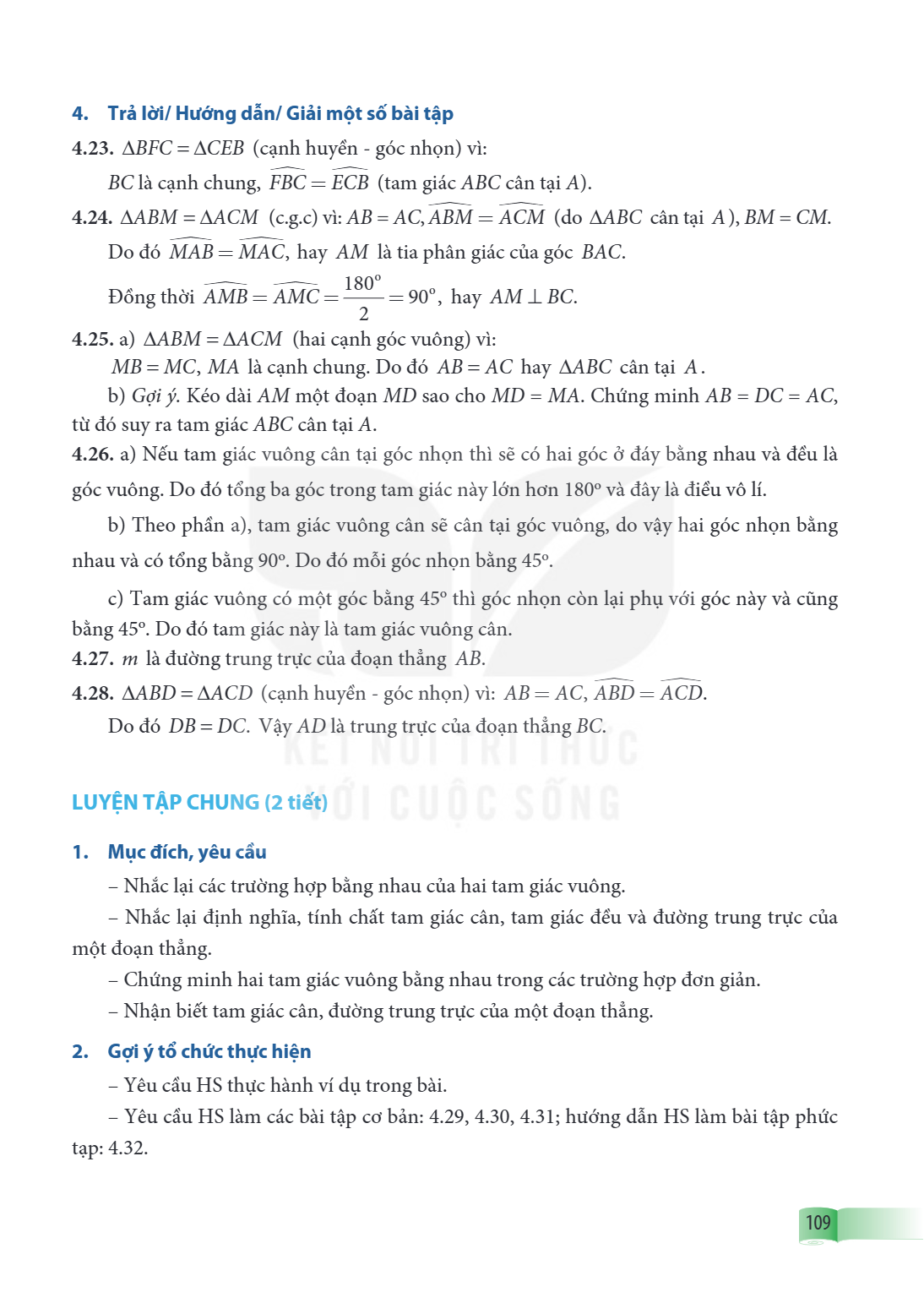 LUYỆN TẬP CHUNG (2 tiết) 1. Mục đích, yêu cầu – Nhắc lại các trường hợp bằng nhau của hai tam giác vuông. – Nhắc lại định nghĩa, tính chất tam giác cân, tam giá