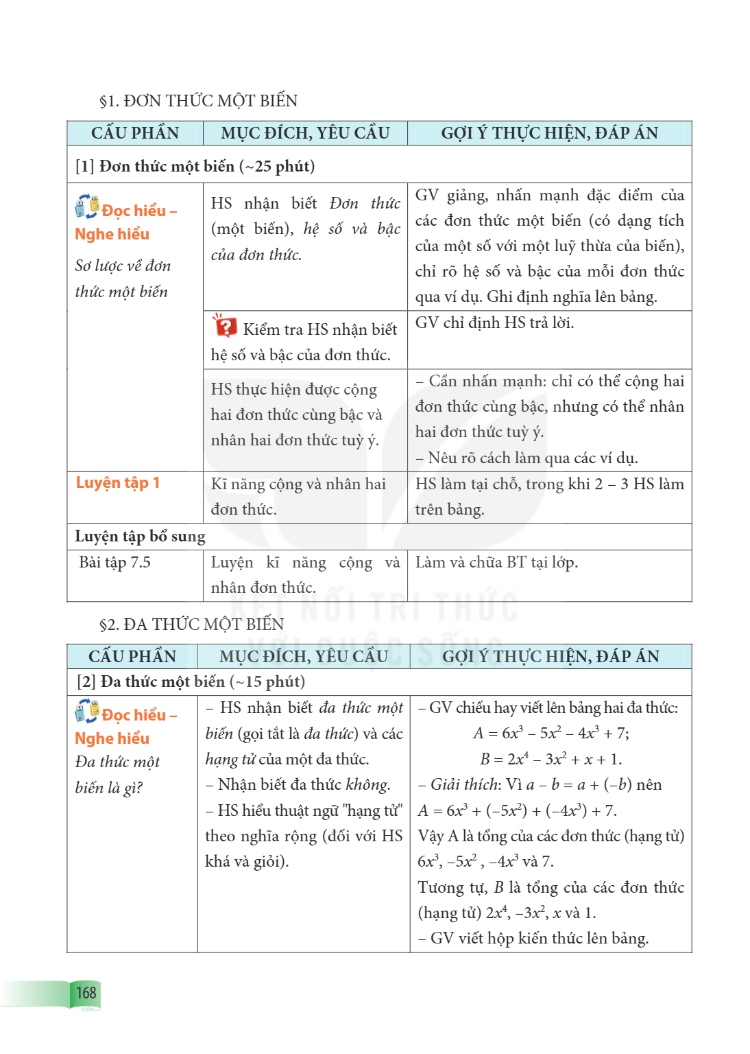 §1. ĐƠN THỨC MỘT BIẾN CẤU PHẦN, MỤC ĐÍCH, YÊU CẦU, GỢI Ý THỰC HIỆN, ĐÁP ÁN [1] Đơn thức một biến (~25 phút) 📖 Đọc hiểu – Nghe hiểu Sơ lược về đơn thức một biến,