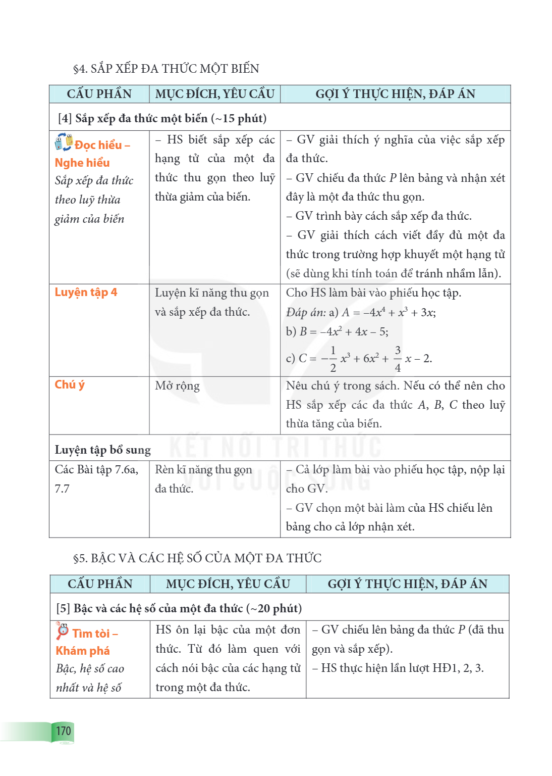 §4. SẮP XẾP ĐA THỨC MỘT BIẾN CẤU PHÂN, MỤC ĐÍCH, YÊU CẦU, GỢI Ý THỰC HIỆN, ĐÁP ÁN [4] Sắp xếp đa thức một biến (~15 phút) 📖 Đọc hiểu – Nghe hiểu Sắp xếp đa thức