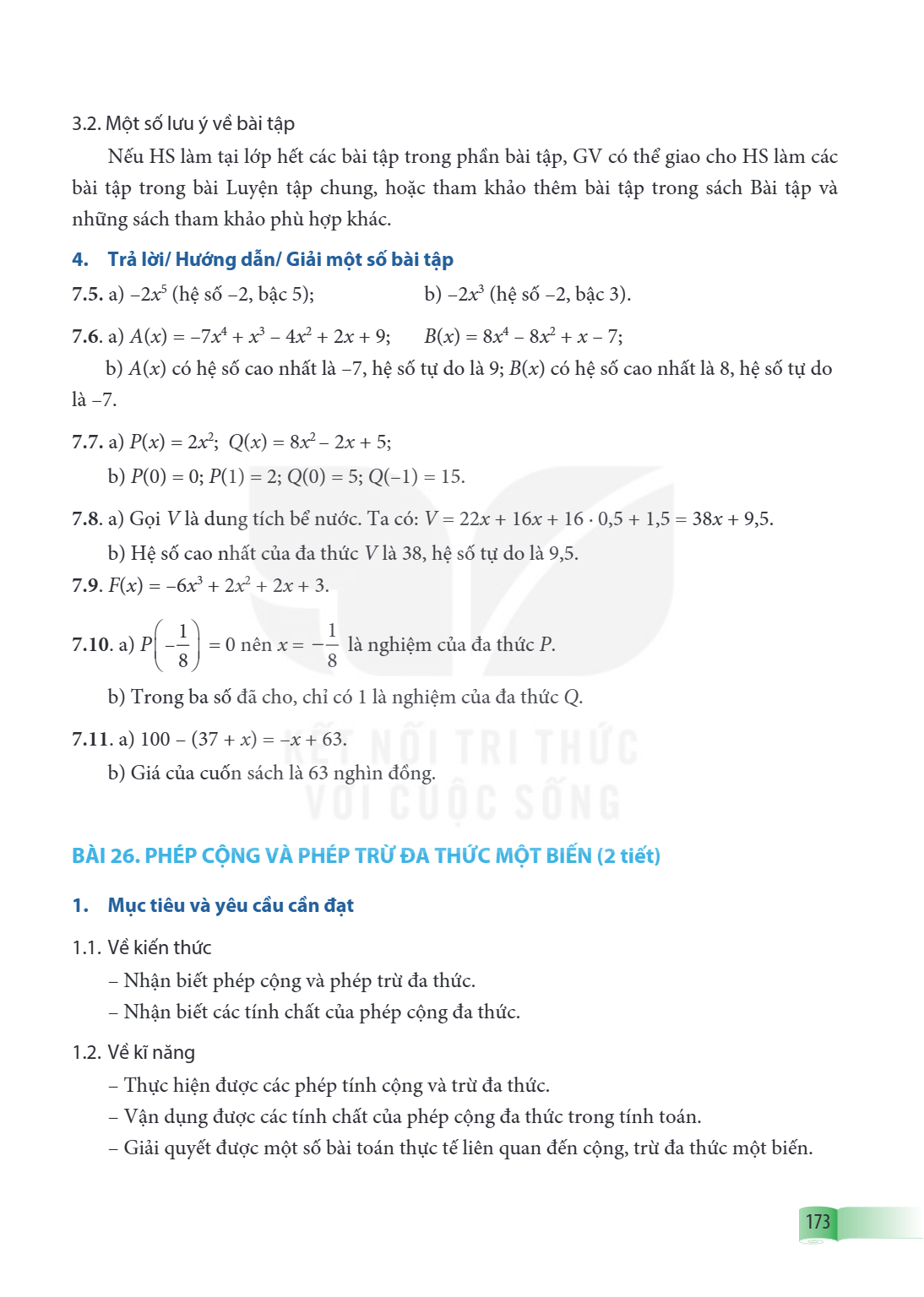 Bài 26. Phép cộng và phép trừ đa thức một biến (2 tiết) 1. Mục tiêu và yêu cầu cần đạt 1.1. Về kiến thức Nhận biết phép cộng và phép trừ đa thức. Nhận biết các 