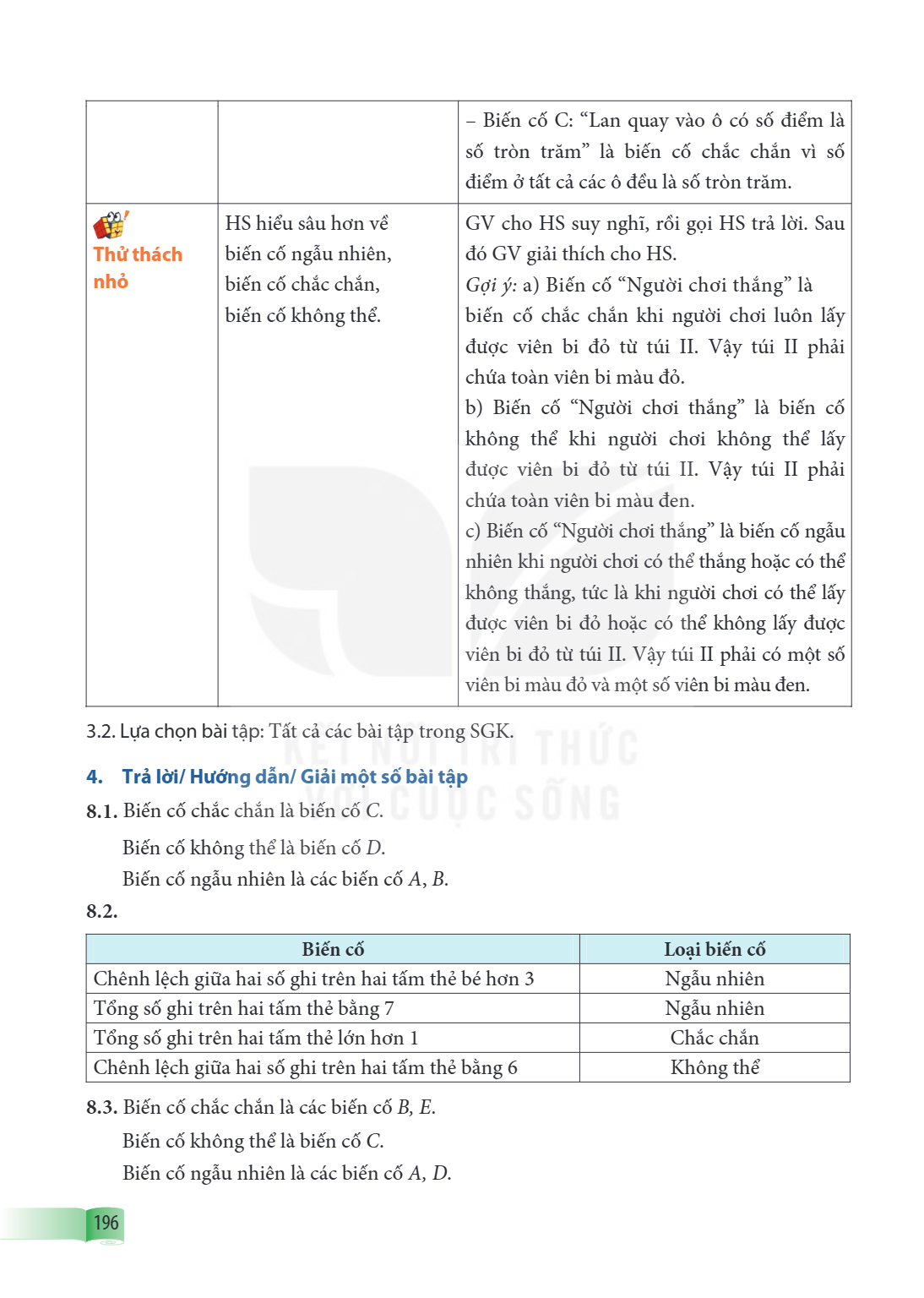 – Biến cố C: "Lan quay vào ô có số điểm là số tròn trăm" là biến cố chắc chắn vì số điểm ở tất cả các ô đều là số tròn trăm. Thử thách nhỏ, HS hiểu sâu hơn về b
