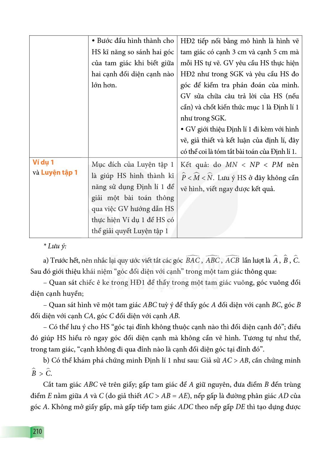• Bước đầu hình thành cho HS kĩ năng so sánh hai góc của tam giác khi biết giữa hai cạnh đối diện cạnh nào lớn hơn., HĐ2 tiếp nối bằng mô hình là hình vẽ tam gi