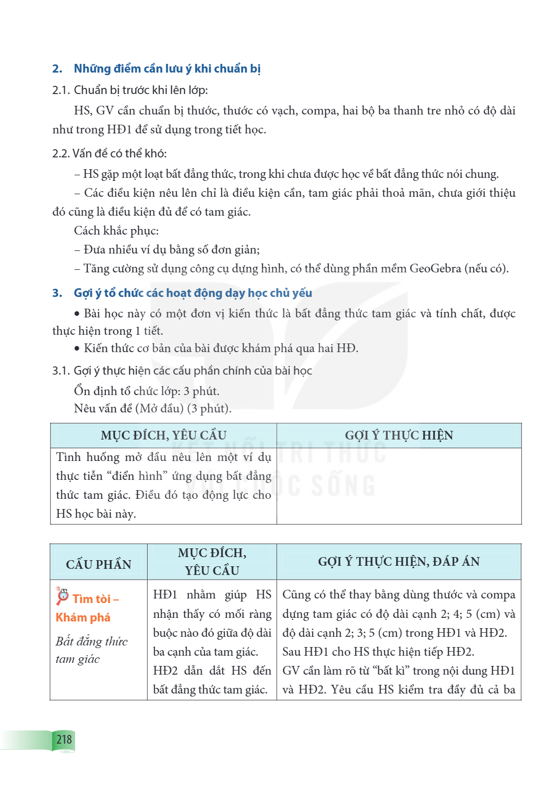 2. Những điểm cần lưu ý khi chuẩn bị 2.1. Chuẩn bị trước khi lên lớp: HS, GV cần chuẩn bị thước, thước có vạch, compa, hai bộ ba thanh tre nhỏ có độ dài như tro