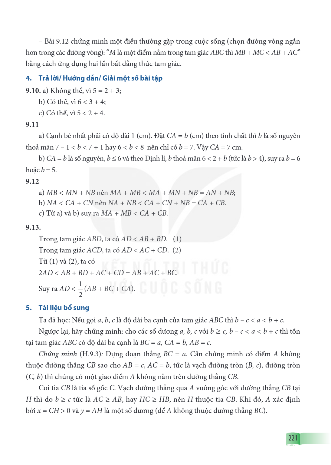 Bài 9.12 chứng minh một điều thường gặp trong cuộc sống (chọn đường vòng ngắn hơn trong các đường vòng): "M là một điểm nằm trong tam giác ABC thì MB + MC < AB 