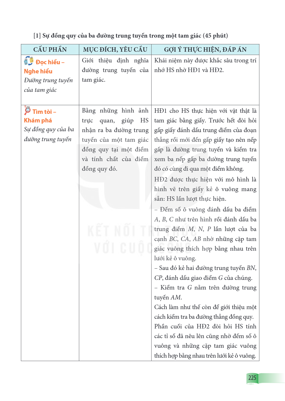 Bài 1. Sự đồng quy của ba đường trung tuyến trong một tam giác (45 phút) CẤU PHÂN, MỤC ĐÍCH, YÊU CẦU, GỢI Ý THỰC HIỆN, ĐÁP ÁN 📖 Đọc hiểu – Nghe hiểu Đường trung