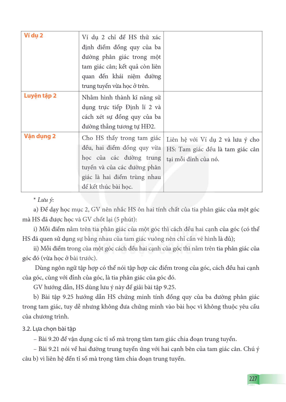 Ví dụ 2, Ví dụ 2 chỉ để HS thử xác định điểm đồng quy của ba đường phân giác trong một tam giác cân; kết quả còn liên quan đến khái niệm đường trung tuyến vừa h