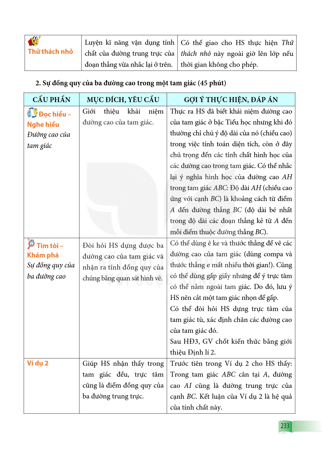 | Thử thách nhỏ | Luyện kĩ năng vận dụng tính chất của đường trung trực của đoạn thẳng vừa nhắc lại ở trên. | Có thể giao cho HS thực hiện Thử thách nhỏ này ngo