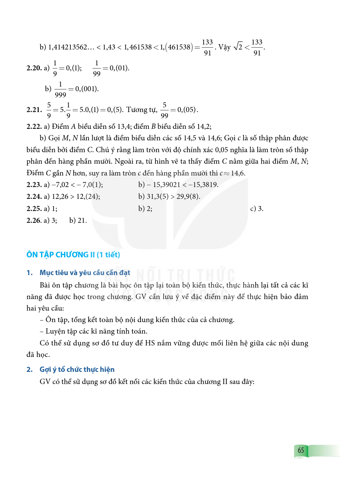 b) $1{,}414213562\ldots < 1{,}43 < 1{,}461538 < 1{,}(461538) = \dfrac{133}{91}$. Vậy $\sqrt{2} < \dfrac{133}{91}$. 2.20. a) $\dfrac{1}{9} = 0{,}(1)$; $\quad\dfr