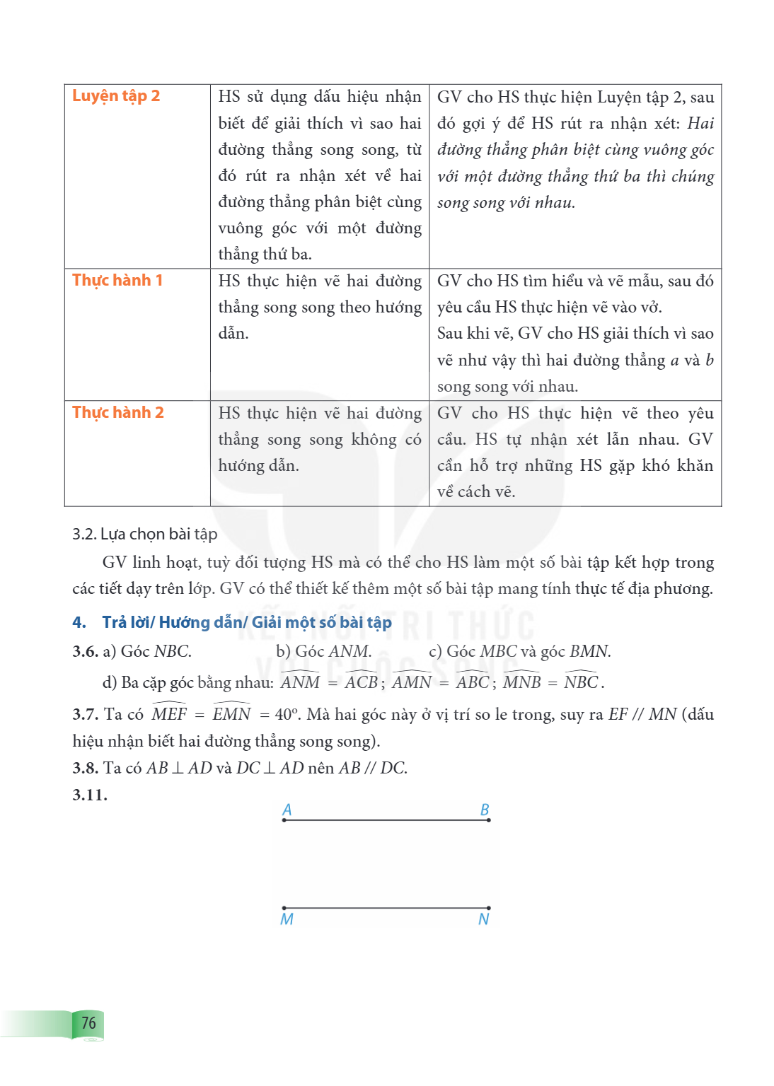 Luyện tập 2, HS sử dụng dấu hiệu nhận biết để giải thích vì sao hai đường thẳng song song, từ đó rút ra nhận xét về hai đường thẳng phân biệt cùng vuông góc với