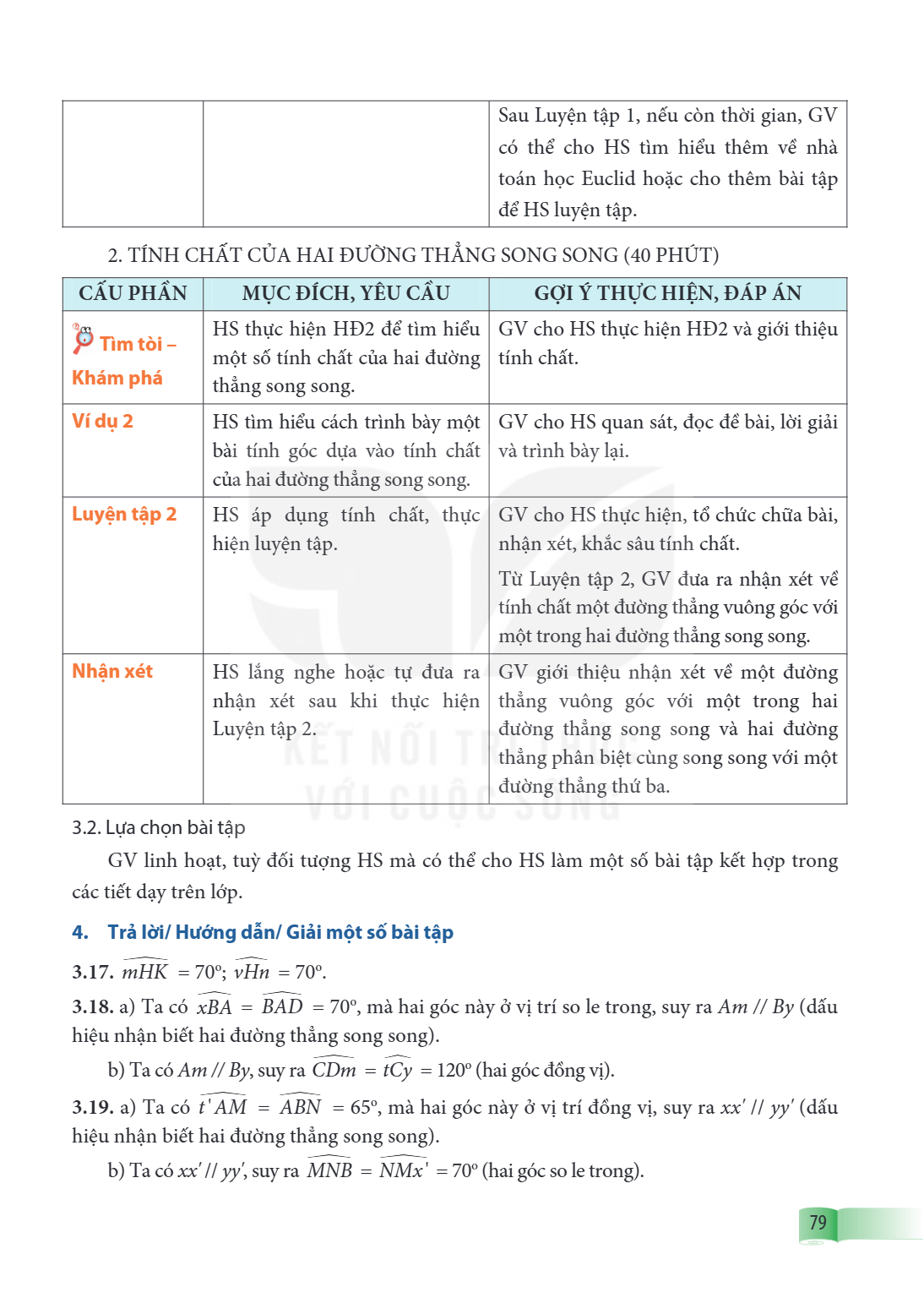Sau Luyện tập 1, nếu còn thời gian, GV có thể cho HS tìm hiểu thêm về nhà toán học Euclid hoặc cho thêm bài tập để HS luyện tập. 2. TÍNH CHẤT CỦA HAI ĐƯỜNG THẲN
