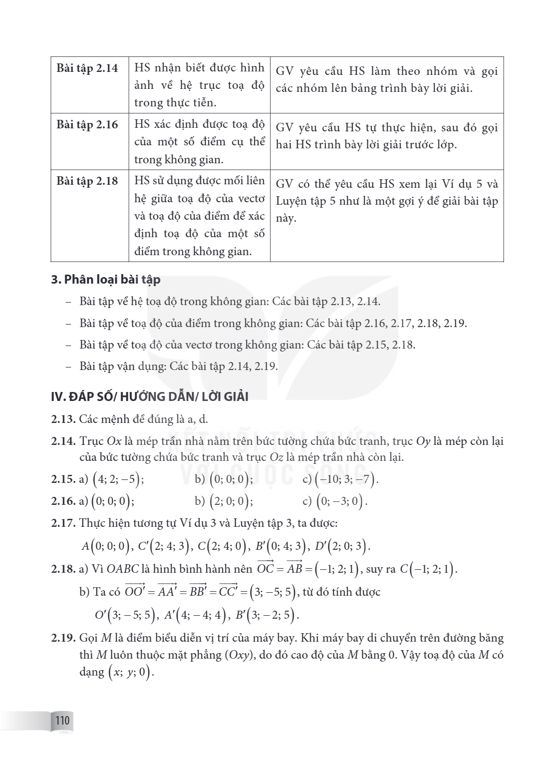 Bài tập 2.14, HS nhận biết được hình ảnh về hệ trục toạ độ trong thực tiễn., GV yêu cầu HS làm theo nhóm và gọi các nhóm lên bảng trình bày lời giải. Bài tập 2.
