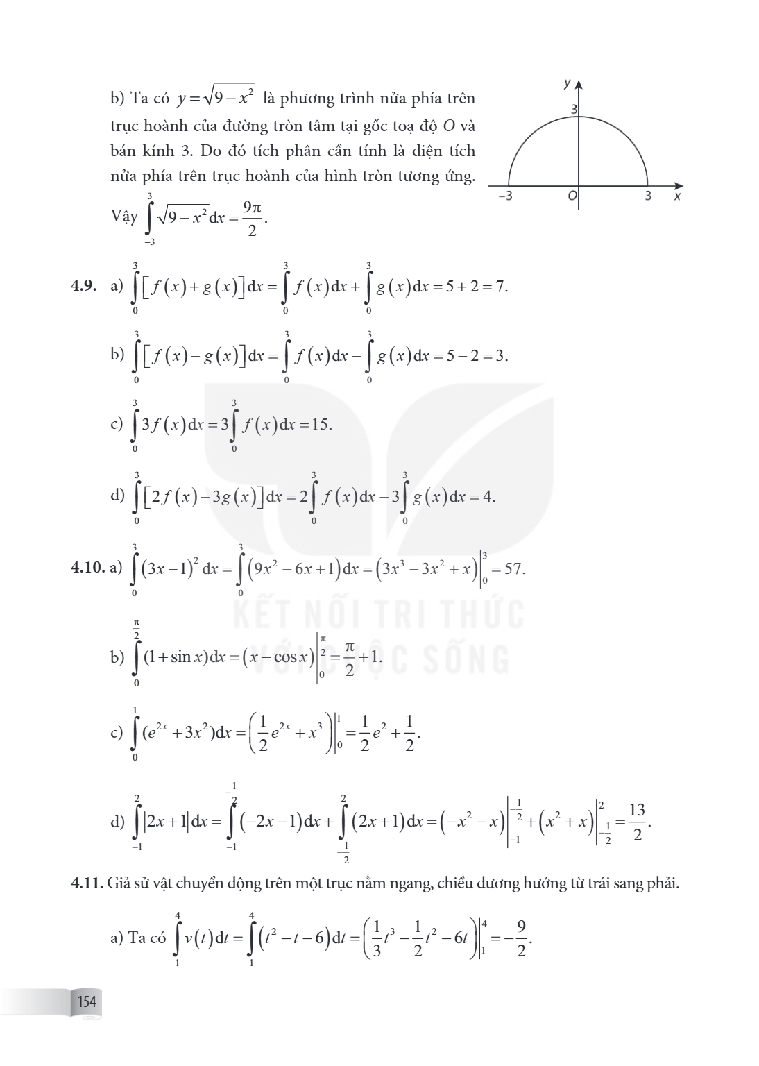 b) Ta có $y = \sqrt{9 - x^2}$ là phương trình nửa phía trên trục hoành của đường tròn tâm tại gốc toạ độ $O$ và bán kính 3. Do đó tích phân cần tính là diện tíc