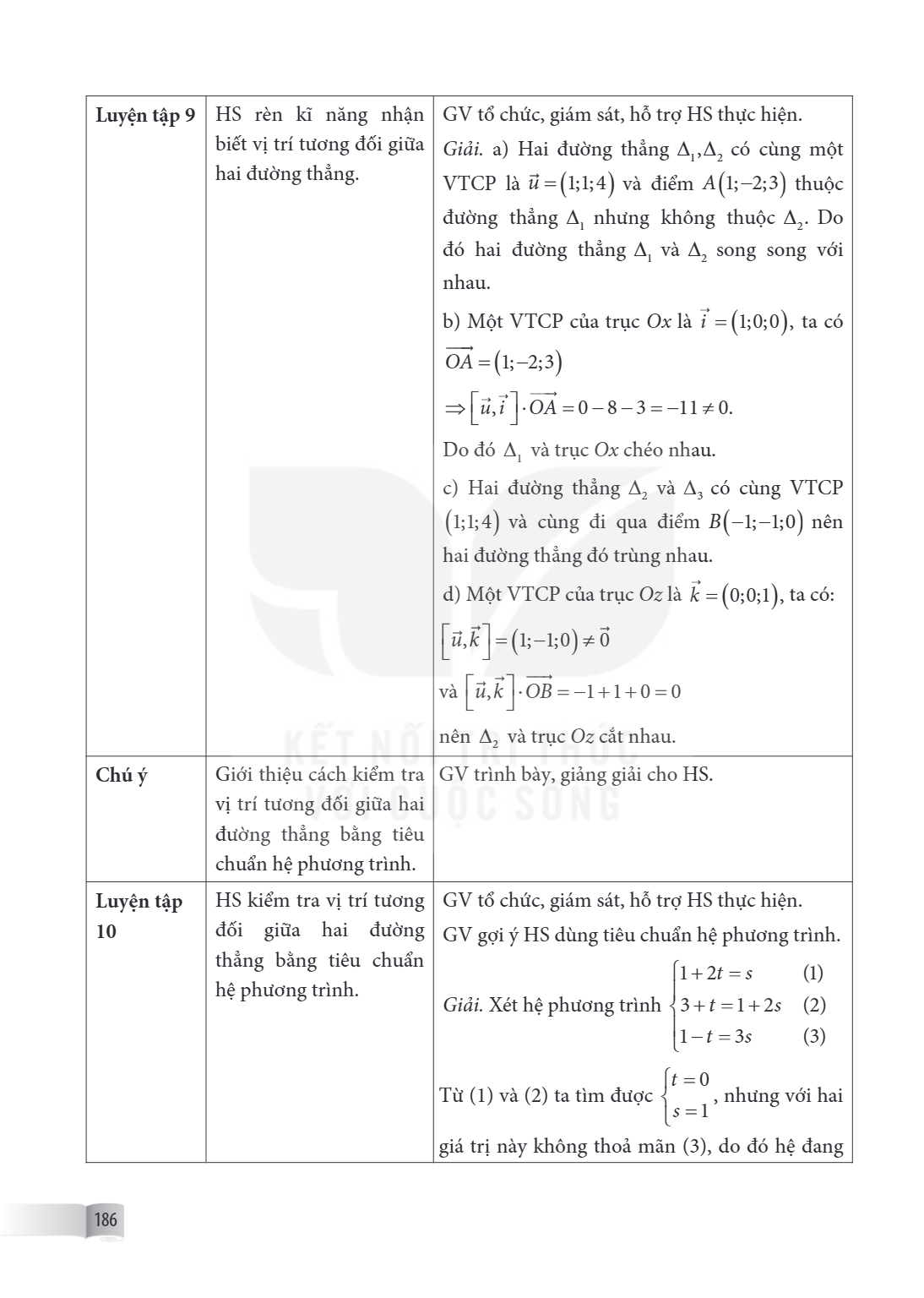Luyện tập 9, HS rèn kĩ năng nhận biết vị trí tương đối giữa hai đường thẳng., GV tổ chức, giám sát, hỗ trợ HS thực hiện. Giải. a) Hai đường thẳng $\Delta_1, \De