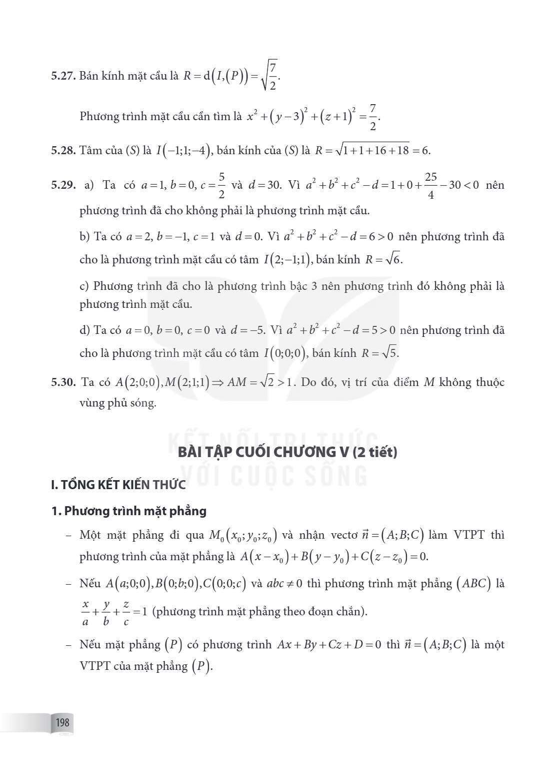 BÀI TẬP CUỐI CHƯƠNG V (2 tiết) I. TỔNG KẾT KIẾN THỨC 1. Phương trình mặt phẳng Một mặt phẳng đi qua $M_0(x_0; y_0; z_0)$ và nhận vectơ $\vec{n} = (A; B; C)$ làm