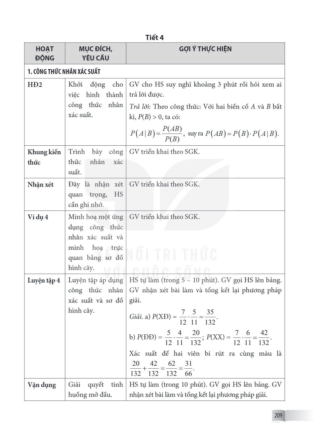 Tiết 4 HOẠT ĐỘNG, MỤC ĐÍCH, YÊU CẦU, GỢI Ý THỰC HIỆN 1. CÔNG THỨC NHÂN XÁC SUẤT HĐ2, Khởi động cho việc hình thành công thức nhân xác suất., GV cho HS suy nghĩ 