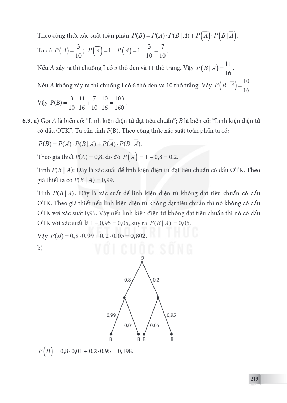 Theo công thức xác suất toàn phần $P(B) = P(A) \cdot P(B \mid A) + P\left(\overline{A}\right) \cdot P\left(B \mid \overline{A}\right)$. Ta có $P(A) = \frac{3}{1