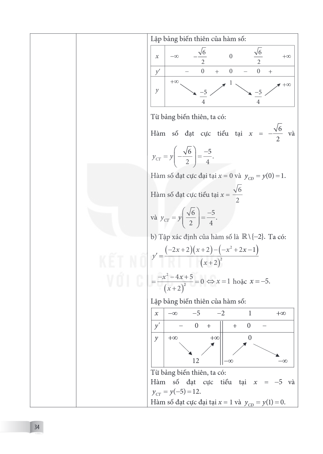 Lập bảng biến thiên của hàm số: $x$, $-\infty$, $-\frac{\sqrt{6}}{2}$, $0$, $\frac{\sqrt{6}}{2}$, $+\infty$ $y'$, $-$, $0$, $+$, $0$ $y$, $+\infty$, $\searrow \