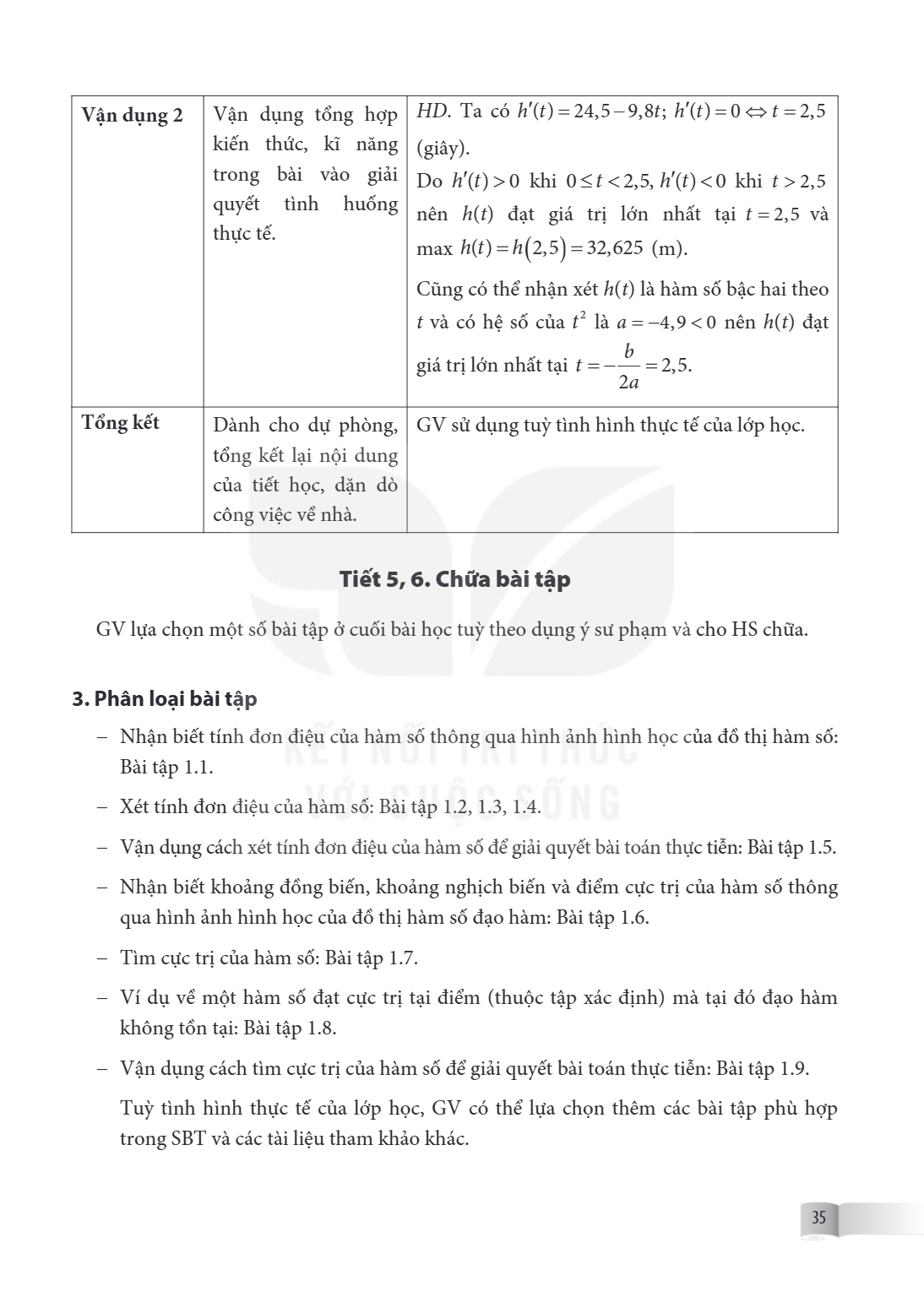Vận dụng 2, Vận dụng tổng hợp kiến thức, kĩ năng trong bài vào giải quyết tình huống thực tế., HD. Ta có $h'(t) = 24{,}5 - 9{,}8t$; $h'(t) = 0 \Leftrightarrow t