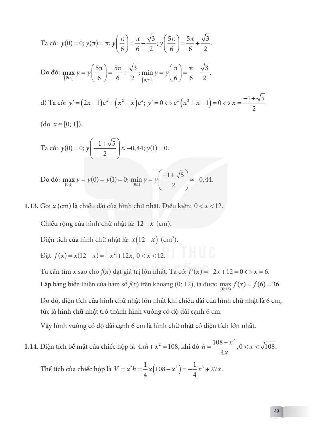 Ta có: $y(0) = 0; y(\pi) = \pi; y\left(\frac{\pi}{6}\right) = \frac{\pi}{6} - \frac{\sqrt{3}}{2}; y\left(\frac{5\pi}{6}\right) = \frac{5\pi}{6} + \frac{\sqrt{3}