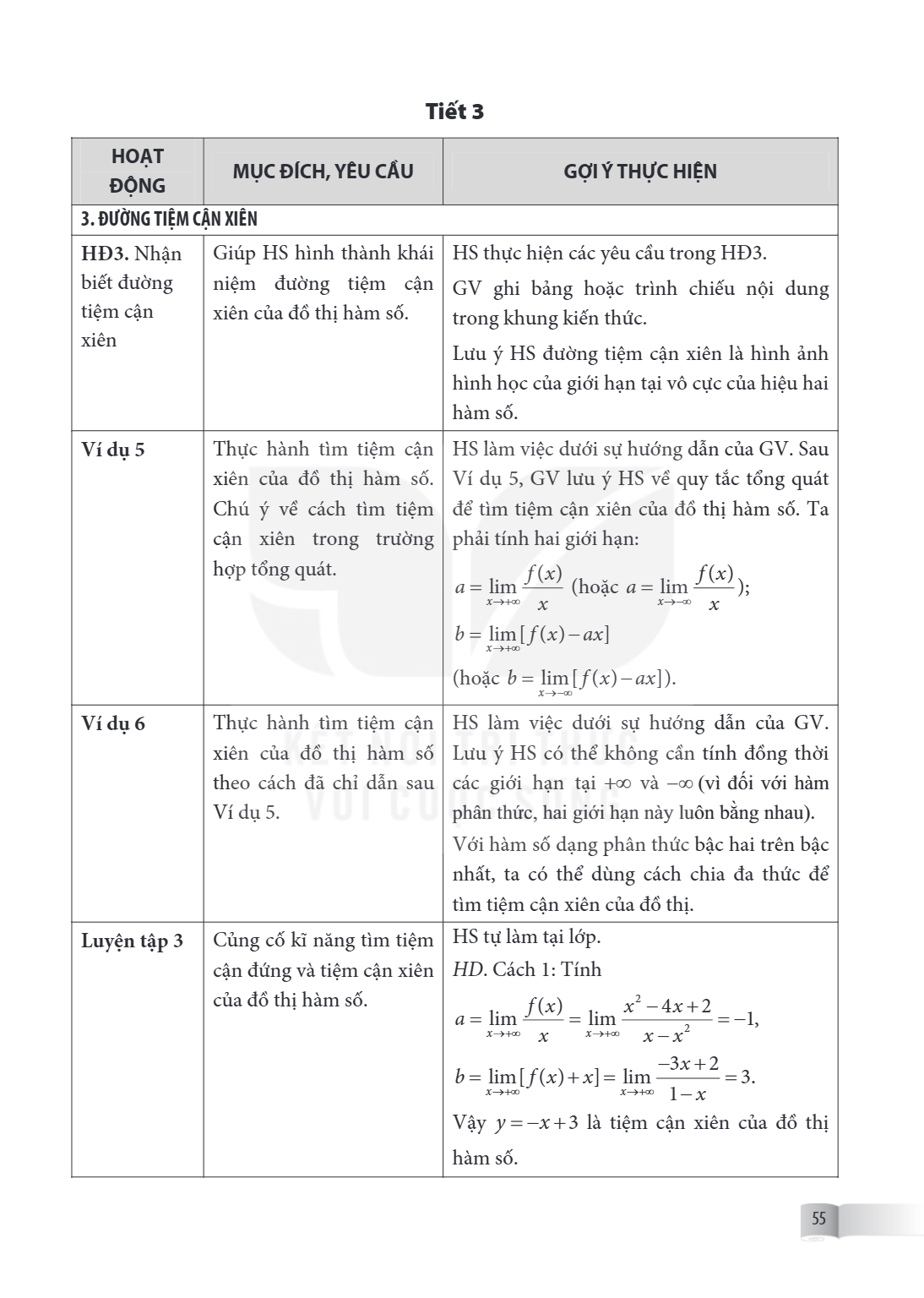 Tiết 3 HOẠT ĐỘNG, MỤC ĐÍCH, YÊU CẦU, GỢI Ý THỰC HIỆN 3. ĐƯỜNG TIỆM CẬN XIÊN HD3. Nhận biết đường tiệm cận xiên, Giúp HS hình thành khái niệm đường tiệm cận xiên
