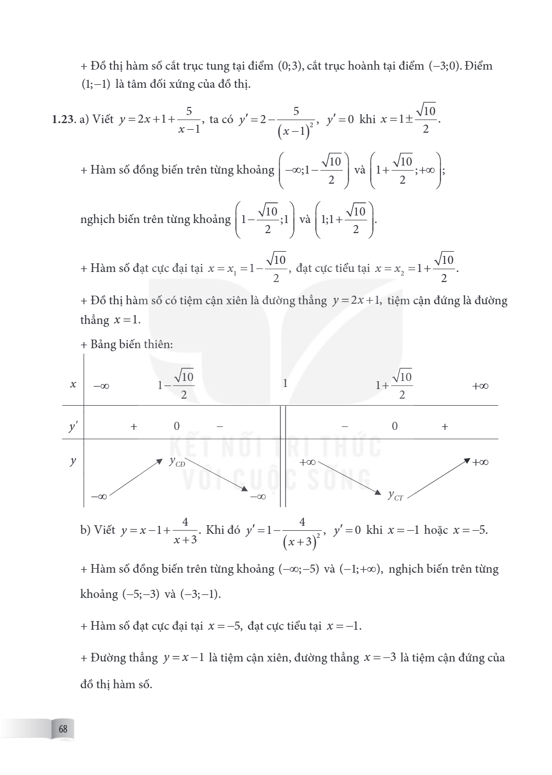 Đồ thị hàm số cắt trục tung tại điểm $(0;3)$, cắt trục hoành tại điểm $(-3;0)$. Điểm $(1;-1)$ là tâm đối xứng của đồ thị. 1.23. a) Viết $y = 2x + 1 + \frac{5}{x