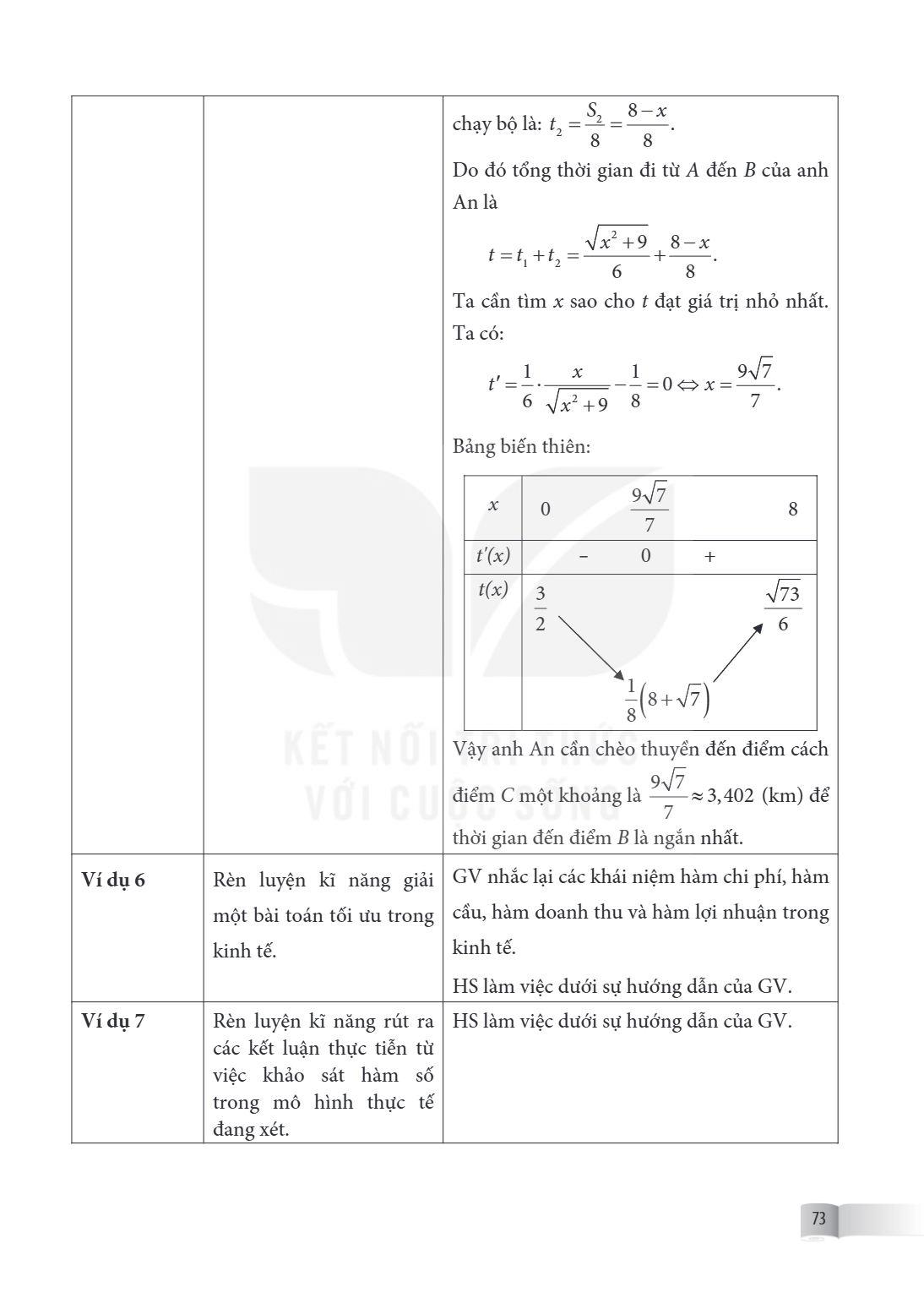 chạy bộ là: $t_{2} = \frac{S_{2}}{8} = \frac{8 - x}{8}$. Do đó tổng thời gian đi từ A đến B của anh An là $t = t_{1} + t_{2} = \frac{\sqrt{x^{2} + 9}}{6} + \fra