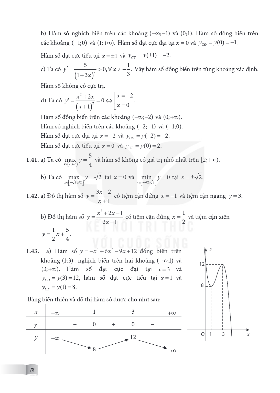 b) Hàm số nghịch biến trên các khoảng $(-\infty;-1)$ và $(0;1)$. Hàm số đồng biến trên các khoảng $(-1;0)$ và $(1;+\infty)$. Hàm số đạt cực đại tại $x=0$ và $y_