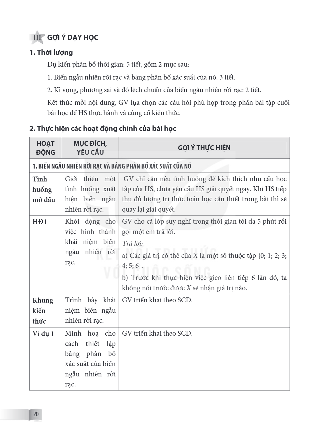 GỢI Ý DẠY HỌC 1. Thời lượng – Dự kiến phân bổ thời gian: 5 tiết, gồm 2 mục sau: Biến ngẫu nhiên rời rạc và bảng phân bố xác suất của nó: 3 tiết. Kì vọng, phương