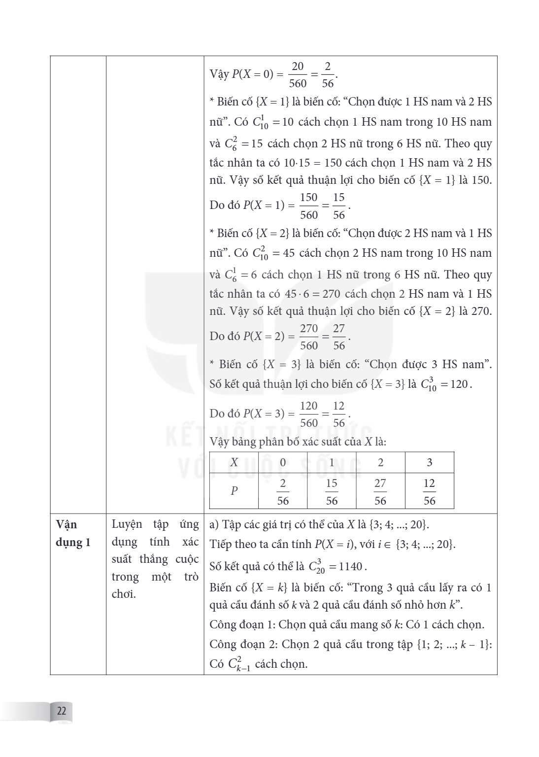Vậy $P(X=0)=\frac{20}{560}=\frac{2}{56}$. Biến cố ${X=1}$ là biến cố: “Chọn được 1 HS nam và 2 HS nữ”. Có $C_{10}^1=10$ cách chọn 1 HS nam trong 10 HS nam và $C