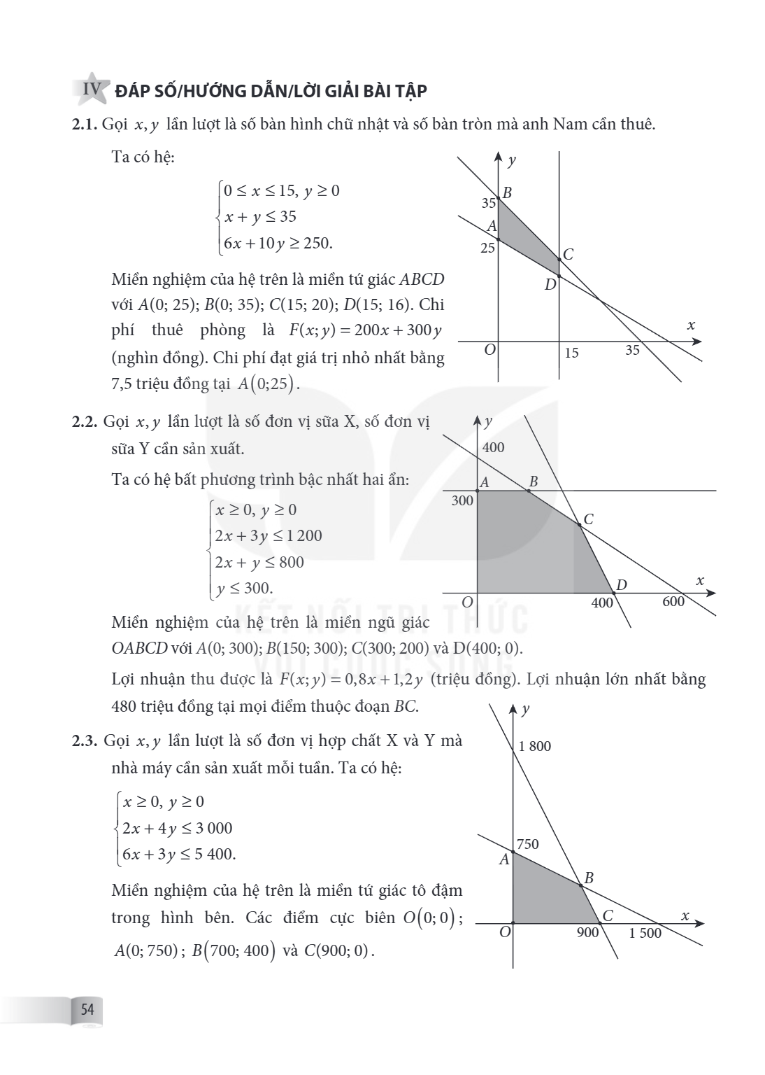 IV ĐÁP SỐ/HƯỚNG DẪN/LỜI GIẢI BÀI TẬP 2.1. Gọi $x, y$ lần lượt là số bàn hình chữ nhật và số bàn tròn mà anh Nam cần thuê. Ta có hệ: $\begin{cases} 0 \le x \le 1