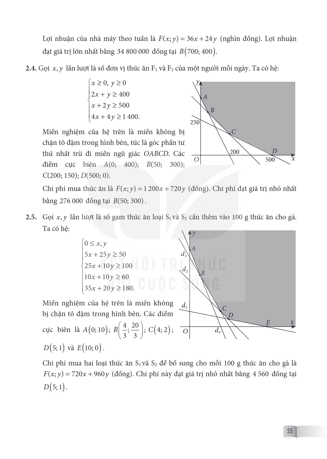 Lợi nhuận của nhà máy theo tuần là $F(x; y) = 36x + 24y$ (nghìn đồng). Lợi nhuận đạt giá trị lớn nhất bằng 34 800 000 đồng tại $B(700; 400)$. 2.4. Gọi $x, y$ lầ