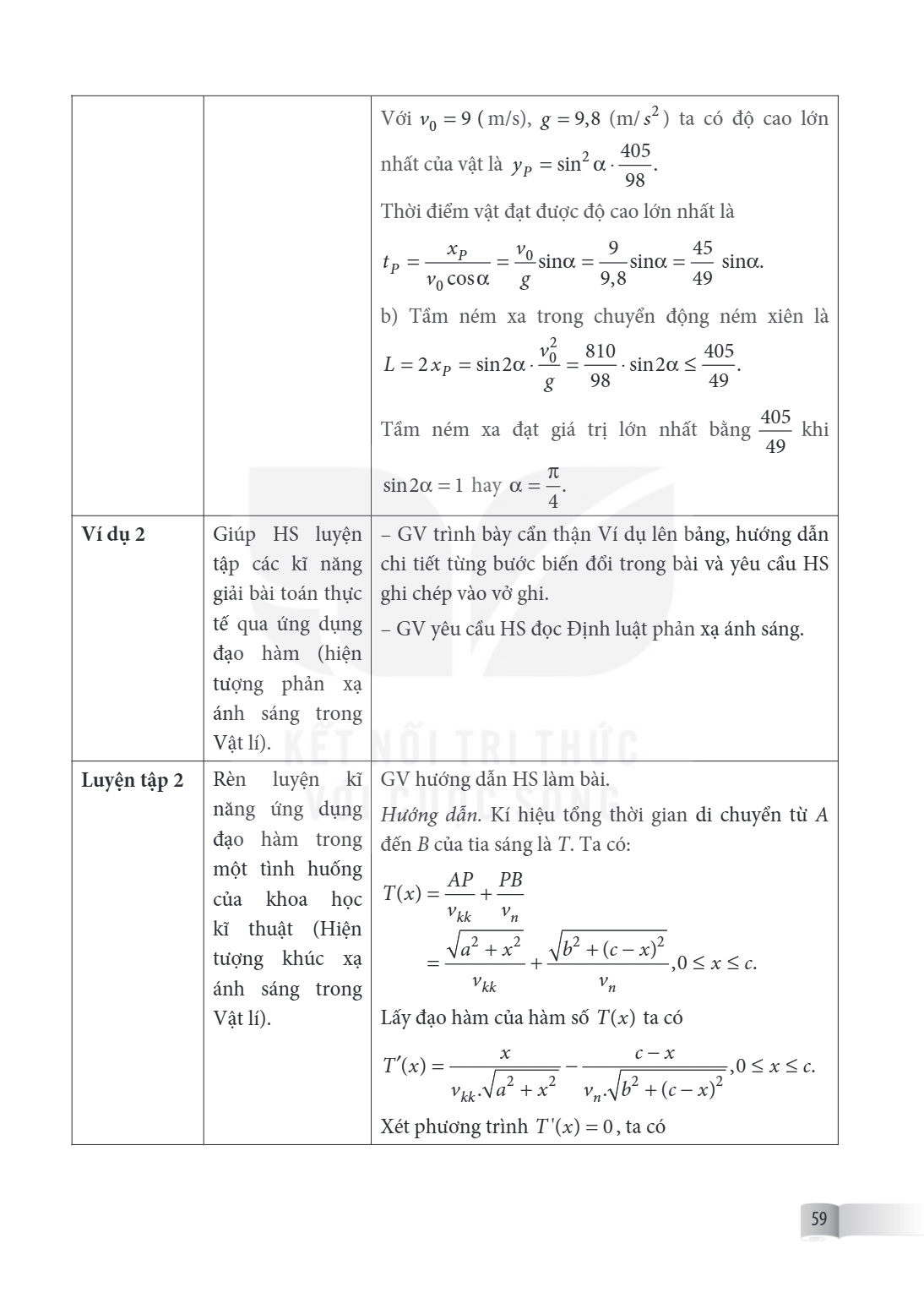 Với $v_0 = 9$ (m/s), $g = 9,8$ (m/s²) ta có độ cao lớn nhất của vật là $y_P = \sin^2\alpha \cdot \frac{405}{98}$. Thời điểm vật đạt được độ cao lớn nhất là $t_P