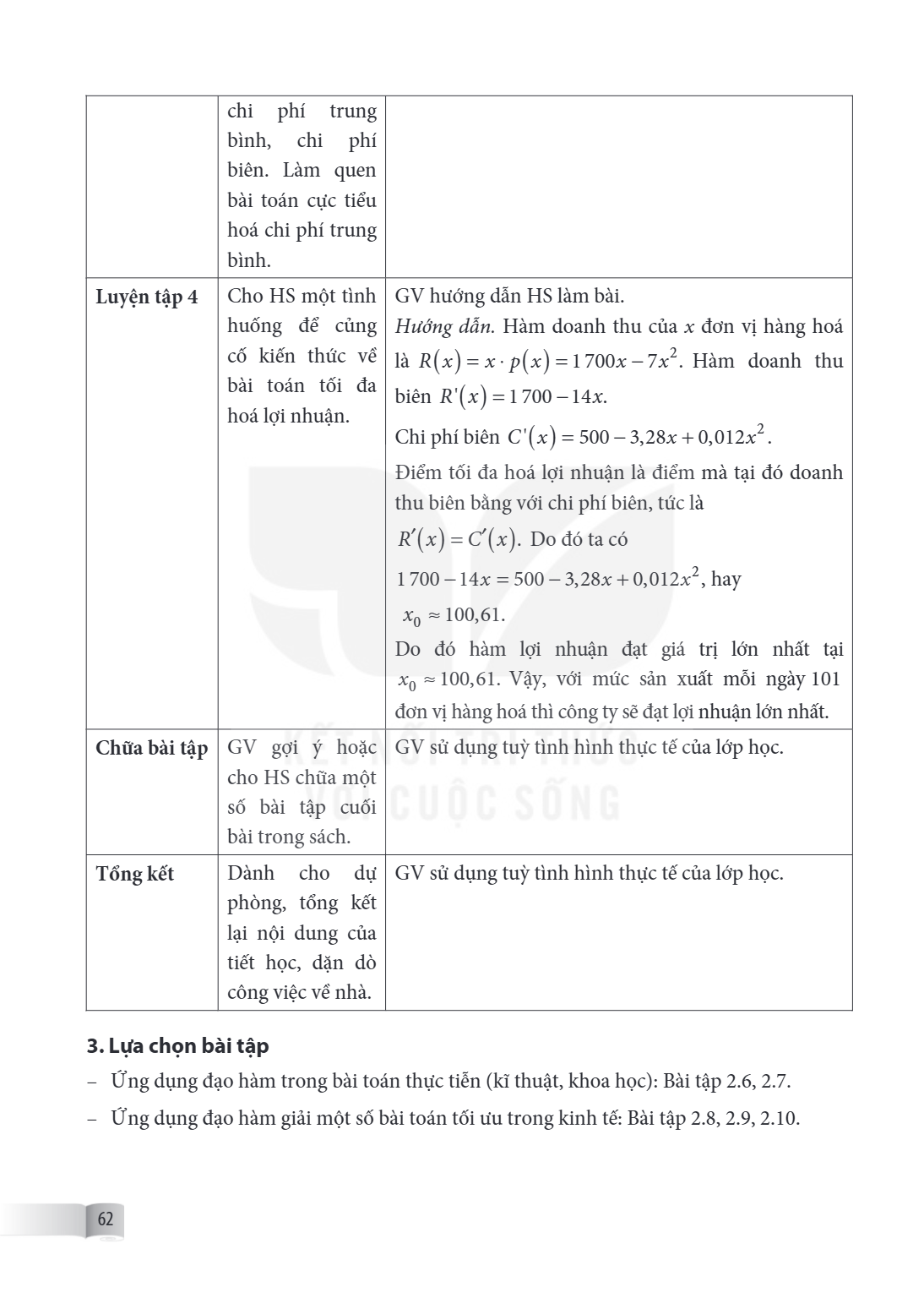 chi phí trung bình, chi phí biên. Làm quen bài toán cực tiểu hoá chi phí trung bình. Luyện tập 4, Cho HS một tính huống để củng cố kiến thức về bài toán tối đa 