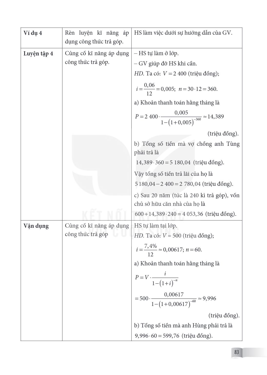 Ví dụ 4, Rèn luyện kĩ năng áp dụng công thức trả góp., HS làm việc dưới sự hướng dẫn của GV. Luyện tập 4, Củng cố kĩ năng áp dụng công thức trả góp., – HS tự là