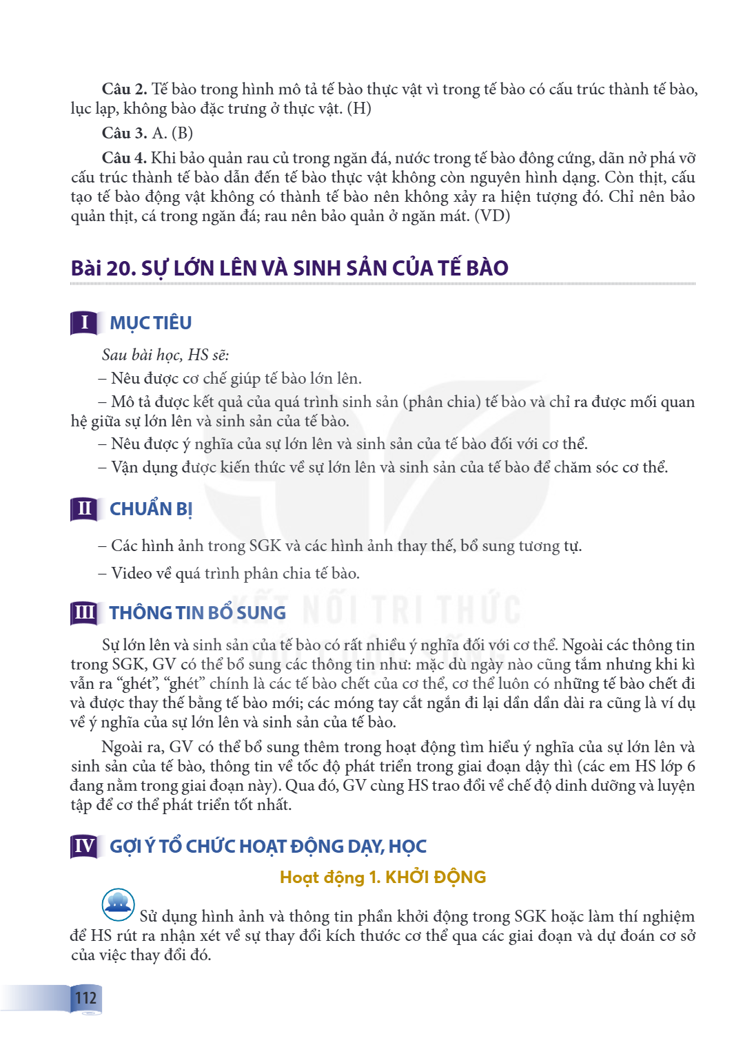 Bài 20. SỰ LỚN LÊN VÀ SINH SẢN CỦA TẾ BÀO I MỤC TIÊU Sau bài học, HS sẽ: Nêu được cơ chế giúp tế bào lớn lên. - Mô tả được kết quả của quá trình sinh sản (phân 
