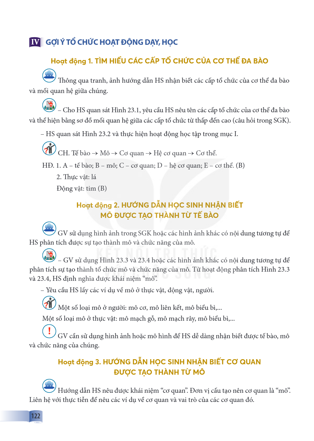 IV GỢI Ý TỔ CHỨC HOẠT ĐỘNG DẠY, HỌC Hoạt động 1. TÌM HIỂU CÁC CẤP TỔ CHỨC CỦA CƠ THỂ ĐA BÀO Thông qua tranh, ảnh hướng dẫn HS nhận biết các cấp tổ chức của cơ t