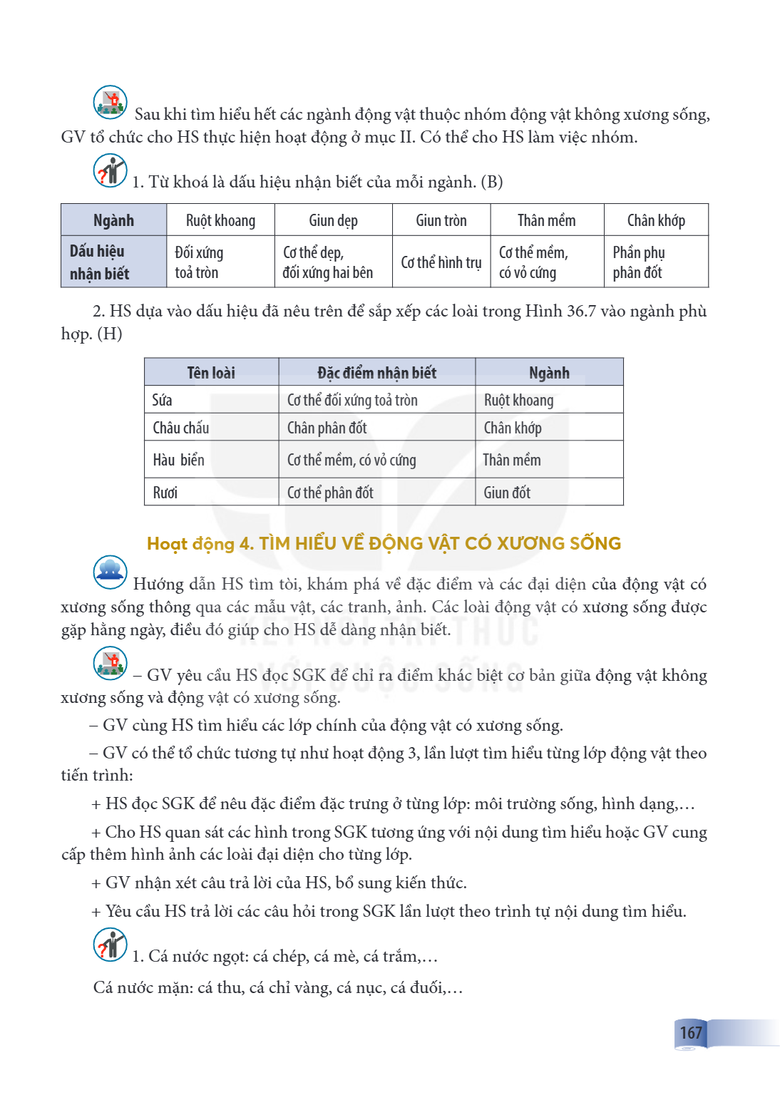 Sau khi tìm hiểu hết các ngành động vật thuộc nhóm động vật không xương sống, GV tổ chức cho HS thực hiện hoạt động ở mục II. Có thể cho HS làm việc nhóm. Từ kh