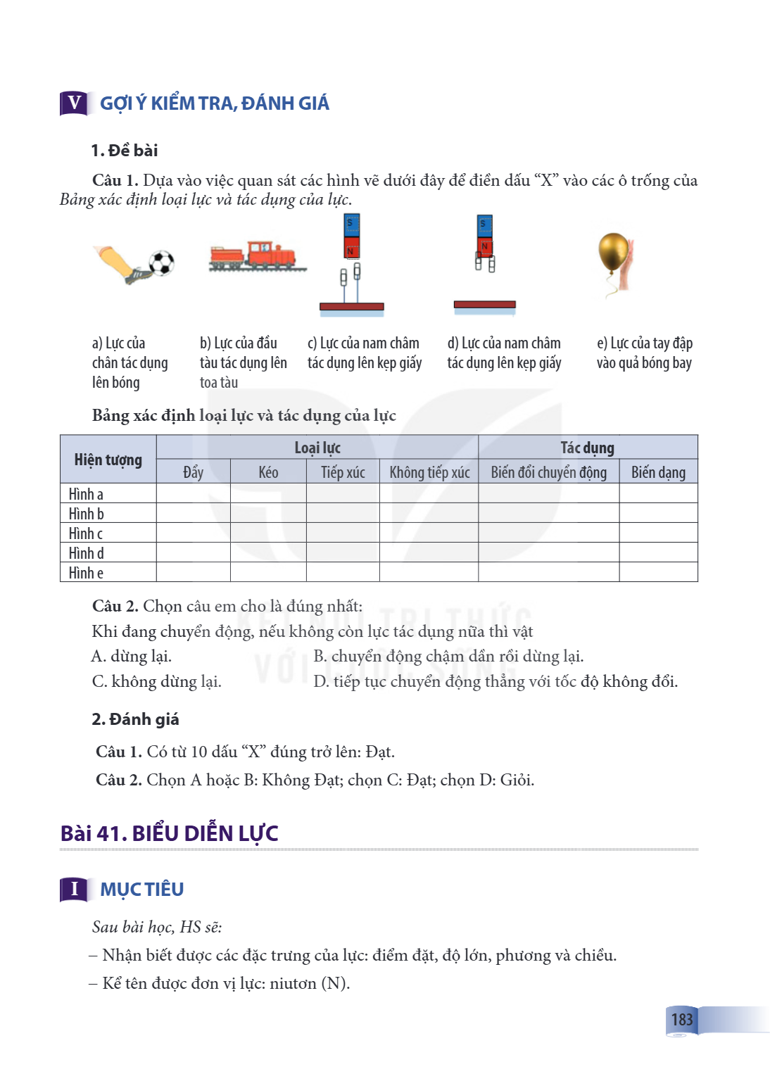 Bài 41. BIỂU DIỄN LỰC I MỤC TIÊU Sau bài học, HS sẽ: – Nhận biết được các đặc trưng của lực: điểm đặt, độ lớn, phương và chiều. – Kể tên được đơn vị lực: niutơn