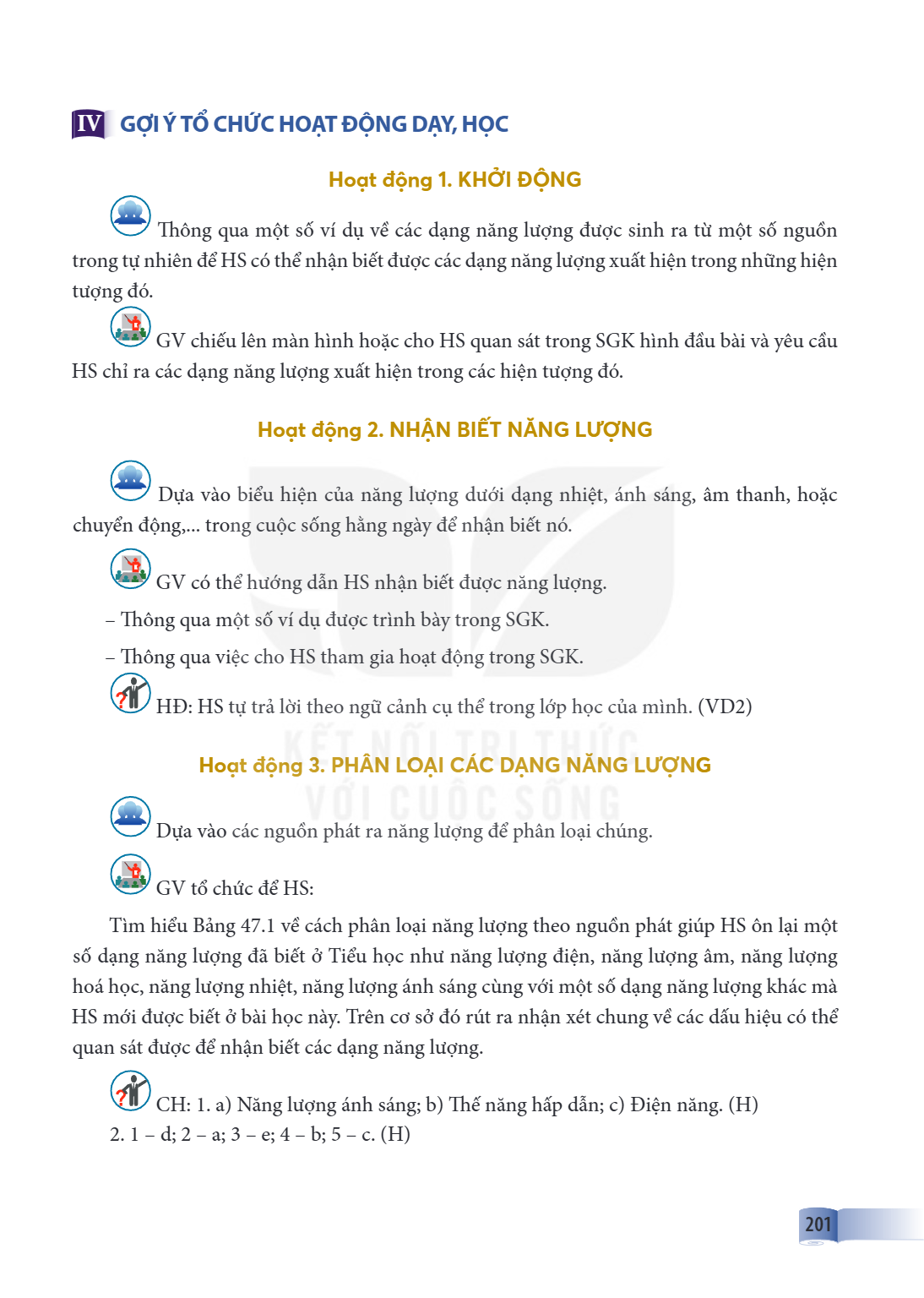 IV GỢI Ý TỔ CHỨC HOẠT ĐỘNG DẠY, HỌC Hoạt động 1. KHỞI ĐỘNG Thông qua một số ví dụ về các dạng năng lượng được sinh ra từ một số nguồn trong tự nhiên để HS có th